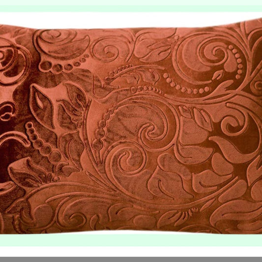 Luxury Velvet Floral Lumbar Pillowcase - Rust Embossed Throw Pillow Cover for Indoor/Outdoor Decor - 12" x 20" Anaglyph Fabric