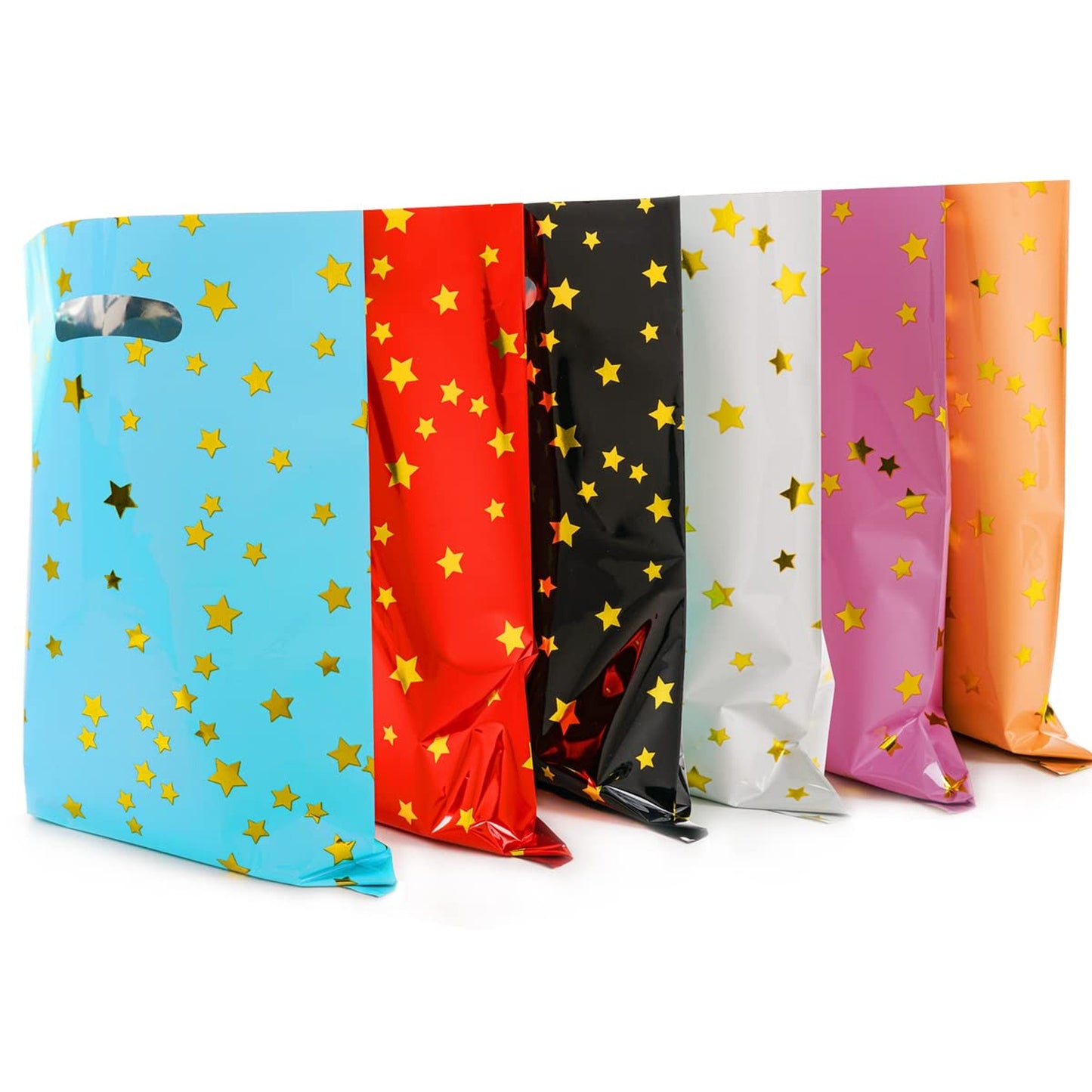 Rainbow Fun Party Favor Bags - 36 Pack of Bright Colorful Plastic Goodie Bags with Gold Stars for Kids Birthday Celebrations.