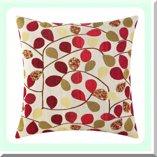 Luxury Chenille Leaf Cushion Cover - 20x20 Inches - Home Decor Throw Pillow Case for Couch Sofa - Ecru Red - Cute Leaves Design - Soft Shell