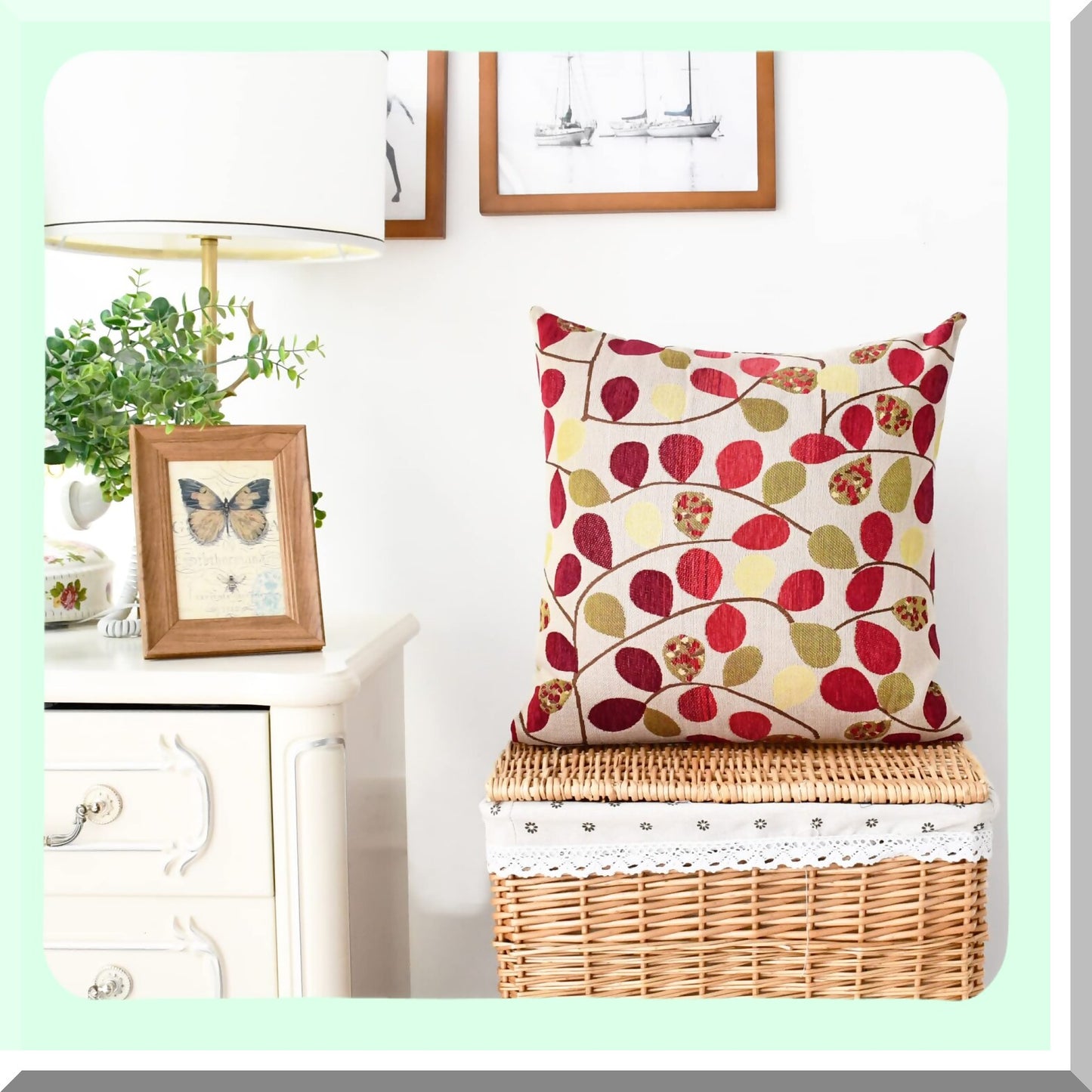 Luxury Chenille Leaf Cushion Cover - 20x20 Inches - Home Decor Throw Pillow Case for Couch Sofa - Ecru Red - Cute Leaves Design - Soft Shell