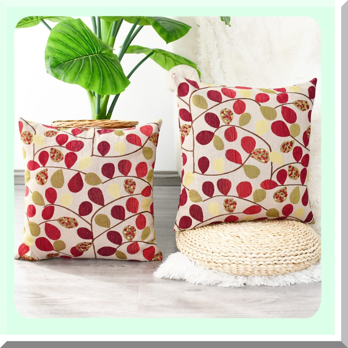 Luxury Chenille Leaf Cushion Cover - 20x20 Inches - Home Decor Throw Pillow Case for Couch Sofa - Ecru Red - Cute Leaves Design - Soft Shell