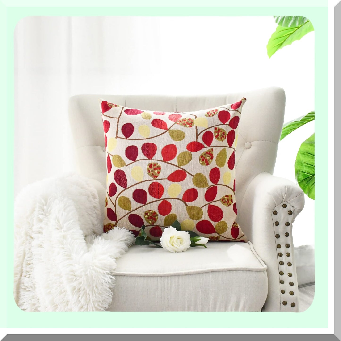 Luxury Chenille Leaf Cushion Cover - 20x20 Inches - Home Decor Throw Pillow Case for Couch Sofa - Ecru Red - Cute Leaves Design - Soft Shell