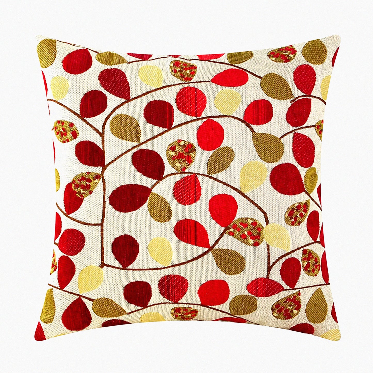 Luxury Chenille Leaf Cushion Cover - 20x20 Inches - Home Decor Throw Pillow Case for Couch Sofa - Ecru Red - Cute Leaves Design - Soft Shell