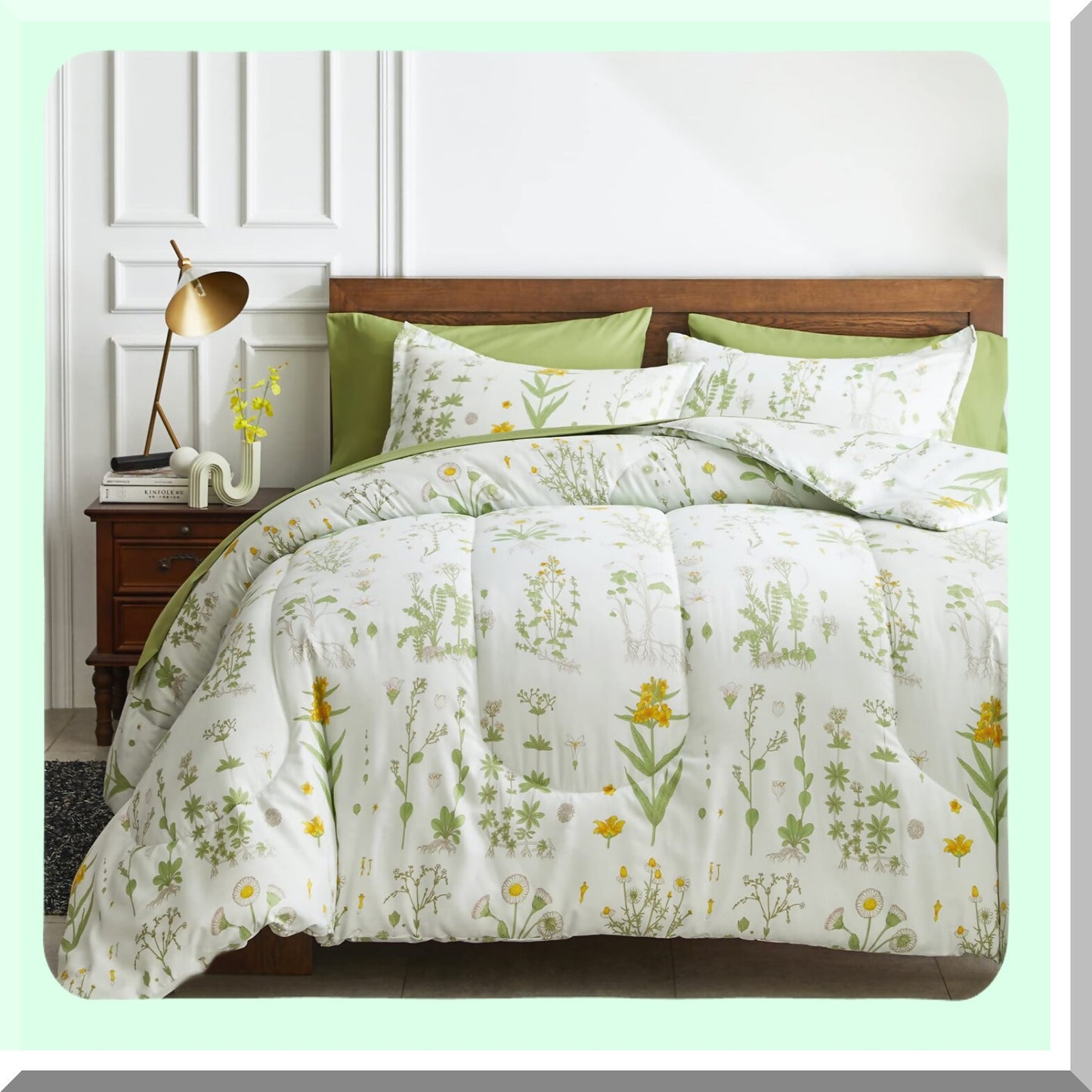 Botanical Bliss Bedding Set - Twin Size 6 Piece Comforter Set with Green Leaves and Yellow Flower Design - Soft Microfiber Sheets and Pillow Shams - Complete Bed in a Bag for Cozy Sleep Experience