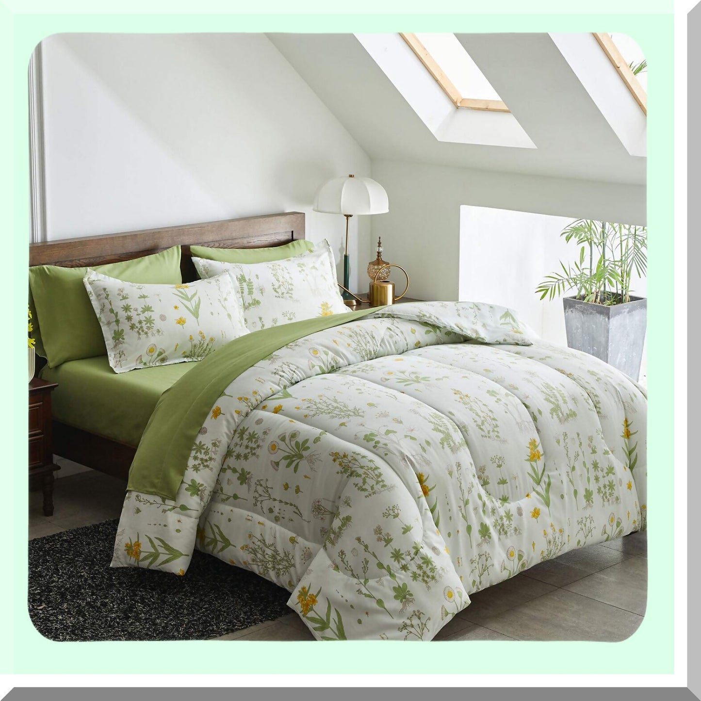 Botanical Bliss Bedding Set - Twin Size 6 Piece Comforter Set with Green Leaves and Yellow Flower Design - Soft Microfiber Sheets and Pillow Shams - Complete Bed in a Bag for Cozy Sleep Experience