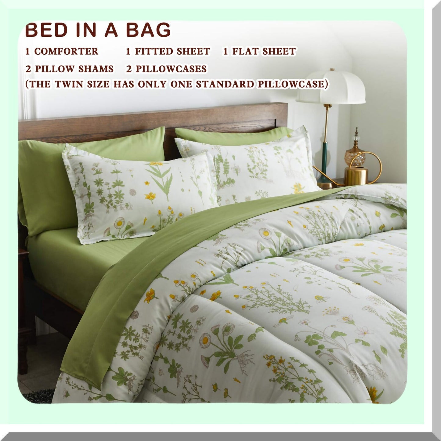 Botanical Bliss Bedding Set - Twin Size 6 Piece Comforter Set with Green Leaves and Yellow Flower Design - Soft Microfiber Sheets and Pillow Shams - Complete Bed in a Bag for Cozy Sleep Experience