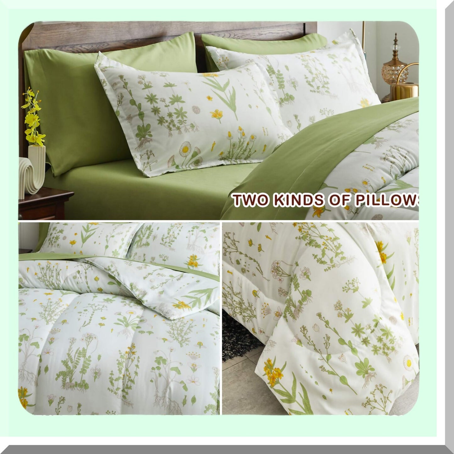 Botanical Bliss Bedding Set - Twin Size 6 Piece Comforter Set with Green Leaves and Yellow Flower Design - Soft Microfiber Sheets and Pillow Shams - Complete Bed in a Bag for Cozy Sleep Experience