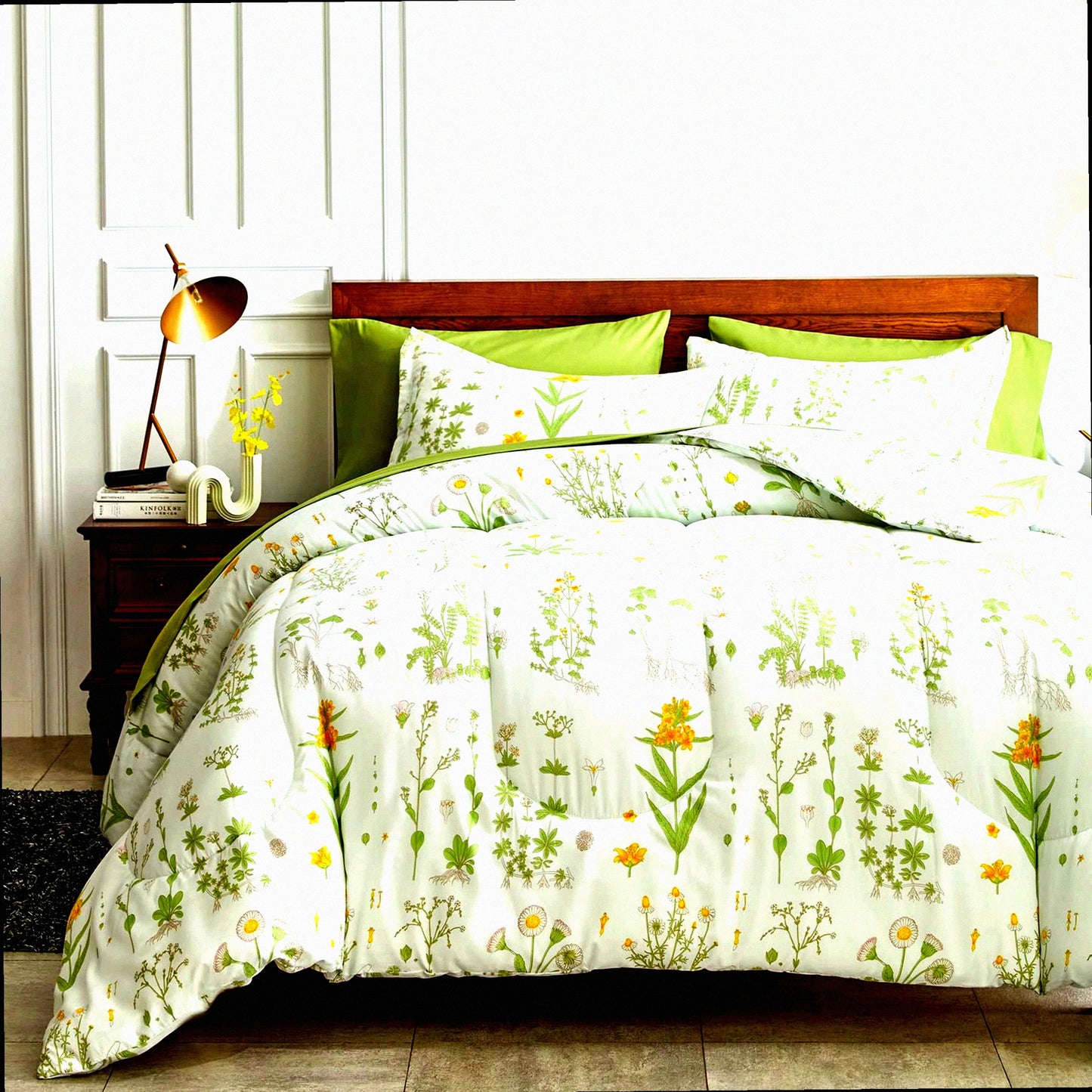 Botanical Bliss Bedding Set - Twin Size 6 Piece Comforter Set with Green Leaves and Yellow Flower Design - Soft Microfiber Sheets and Pillow Shams - Complete Bed in a Bag for Cozy Sleep Experience