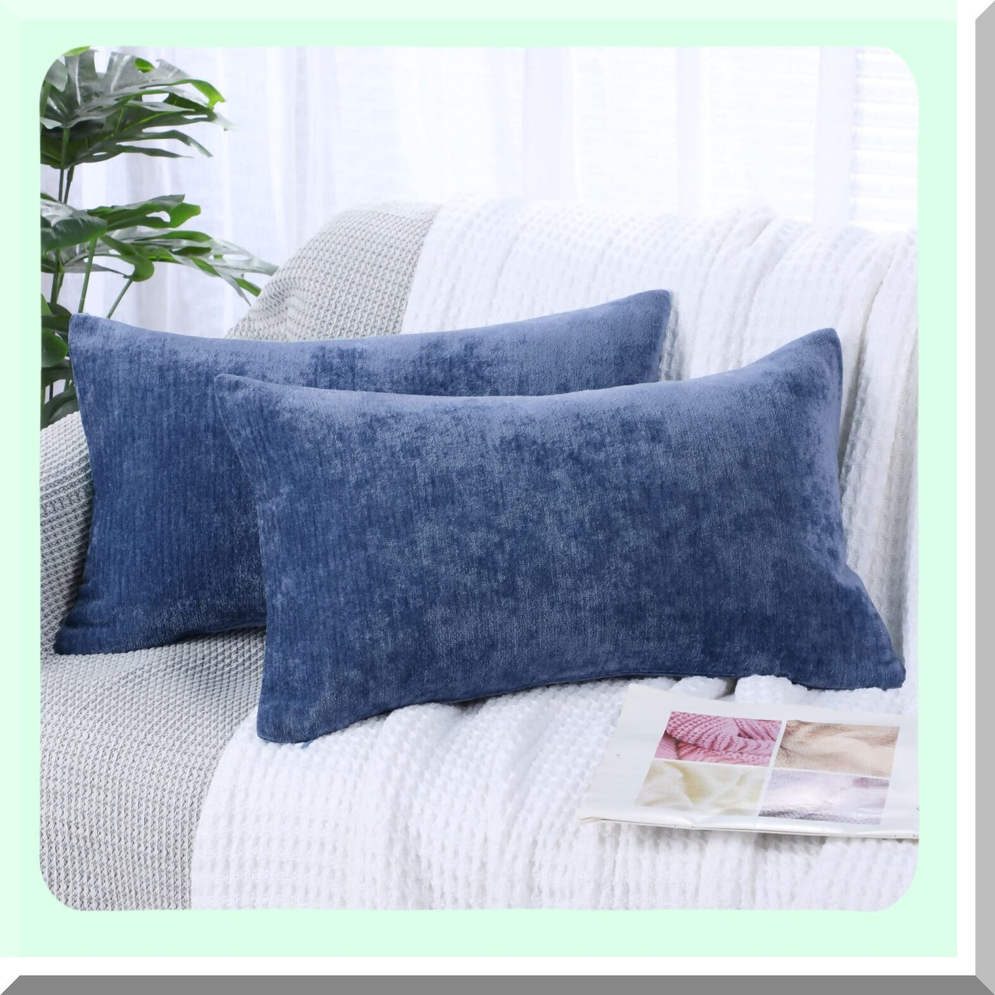 Water Repellent Chenille Throw Pillow Covers - Set of 2 Soft Decorative Cushion Covers for Sofa Car, Cute Home Pillowcases, 12x20 Inch Navy Blue