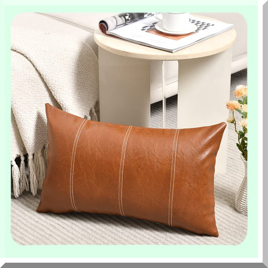 Rustic Leather Lumbar Pillow Cover - Boho Farmhouse Decorative Cushion Case for Living Room Couch Bed Sofa - Hand Stitched Rectangle Throw - Modern Home Accent