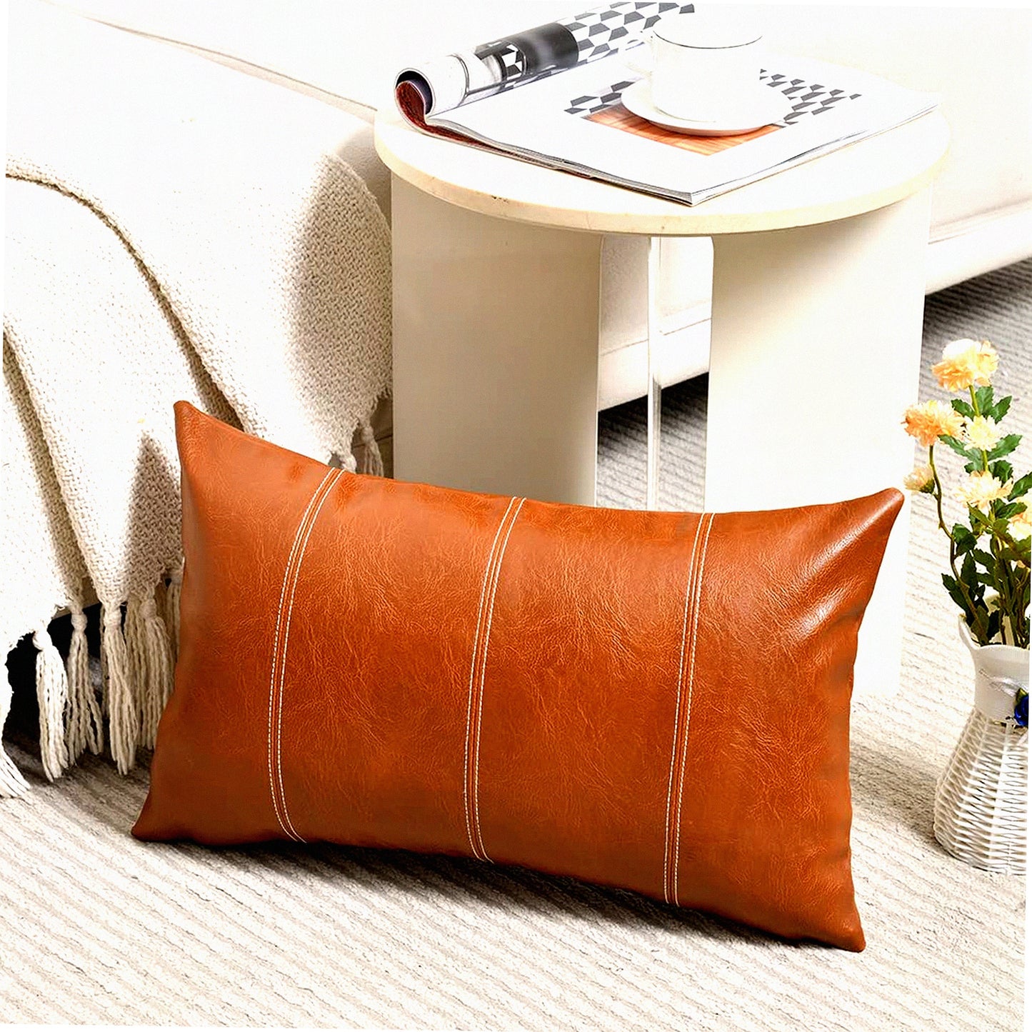 Rustic Leather Lumbar Pillow Cover - Boho Farmhouse Decorative Cushion Case for Living Room Couch Bed Sofa - Hand Stitched Rectangle Throw - Modern Home Accent
