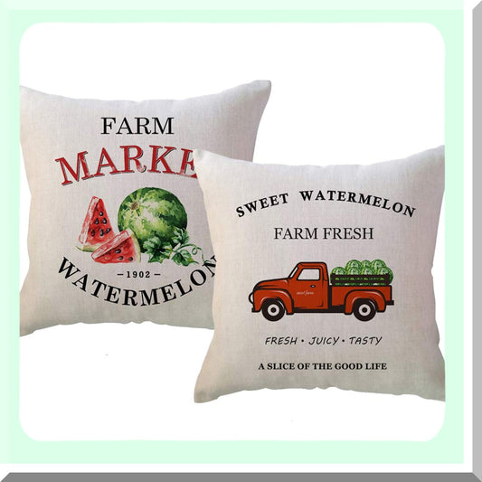 Watermelon Harvest Farmhouse Pillow Covers - Set of 2 Decorative Cushion Cases for Couch/Sofa, Summer Home Decor 18x18 inches
