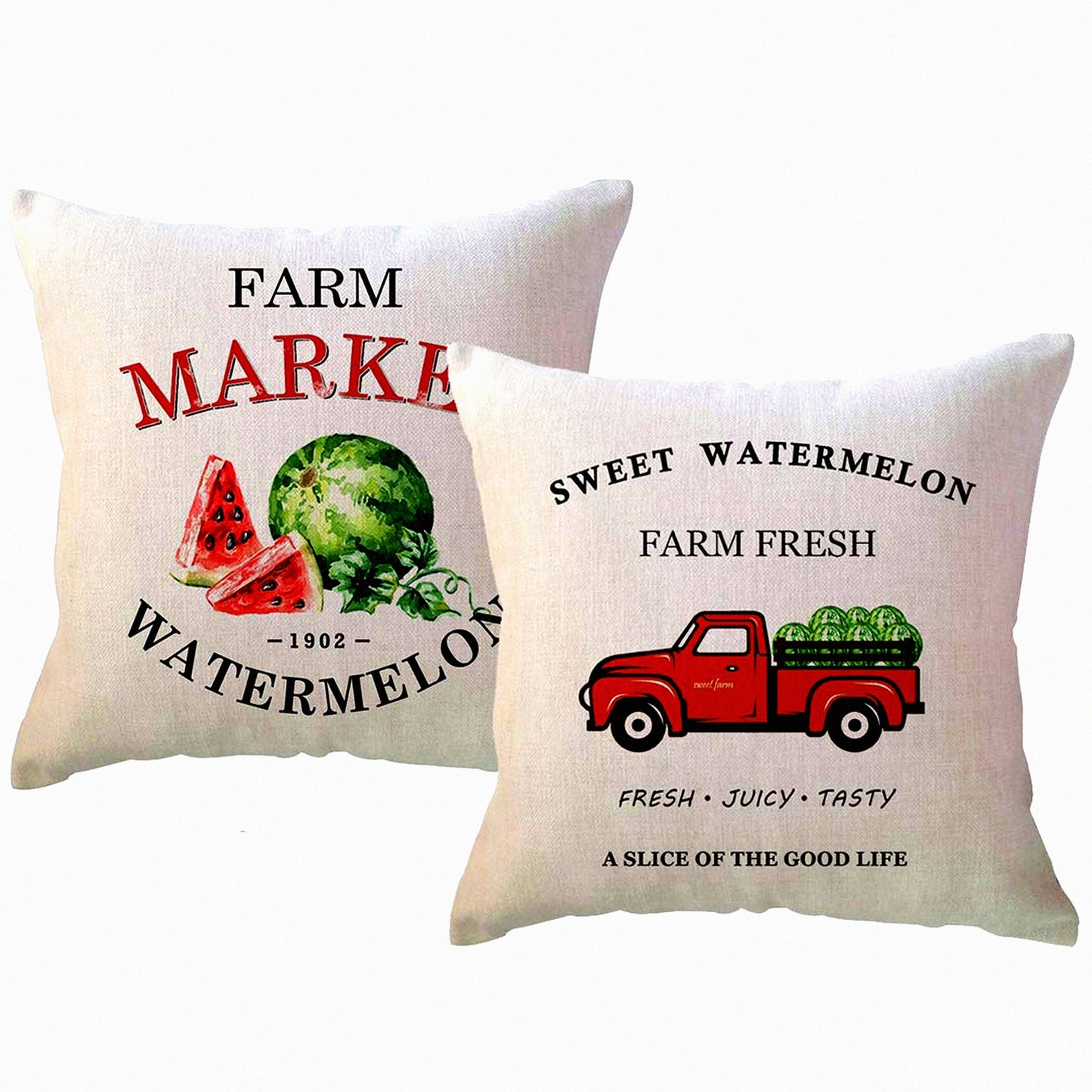 Watermelon Harvest Farmhouse Pillow Covers - Set of 2 Decorative Cushion Cases for Couch/Sofa, Summer Home Decor 18x18 inches