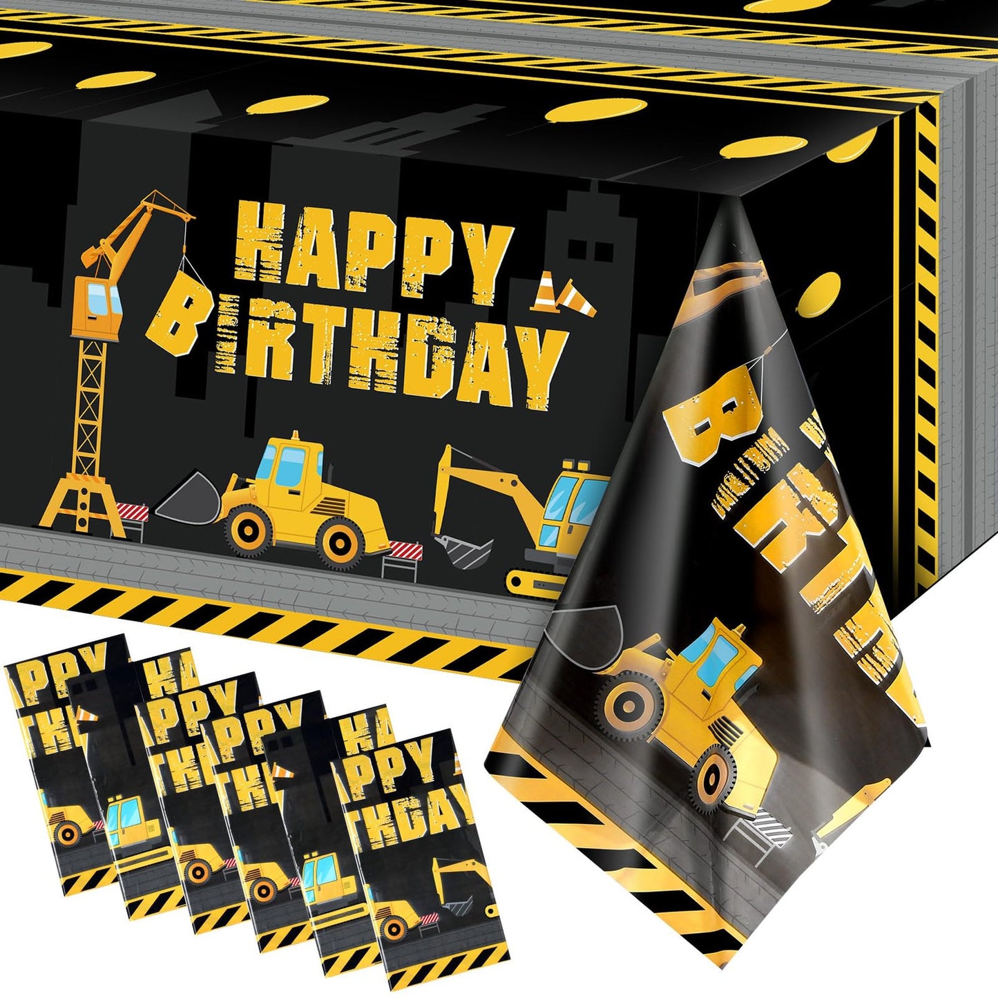Construction Party Tablecloth Set - Dump Truck & Tractor Birthday Table Covers - Plastic Printed Tablecloth for Construction Themed Party Decorations - Kid's Birthday Party Supplies - Black, 6 Sheets