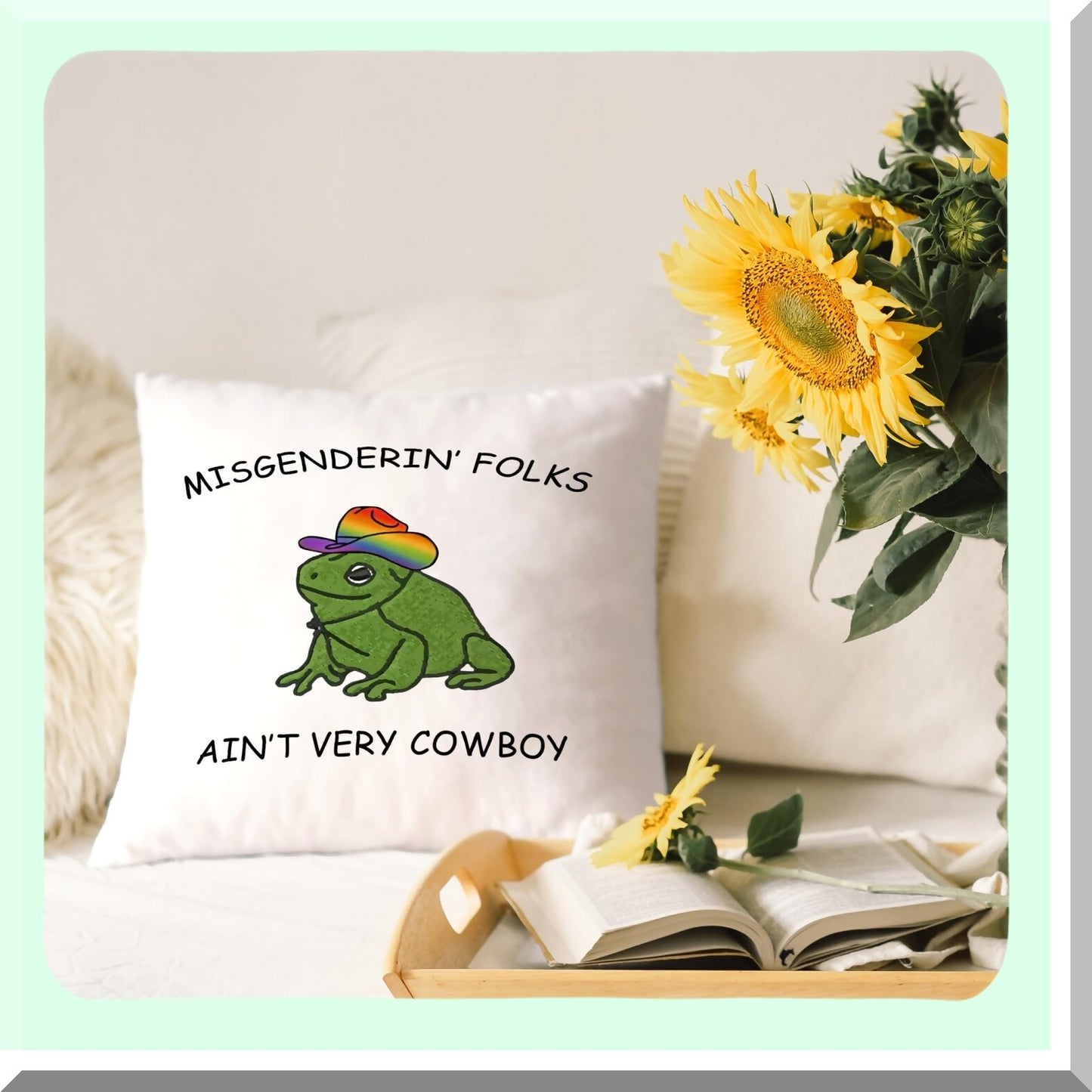 Cowboy Frog Diversity Pillow Cover - 1818 inch Misgendering Folks Ain't Very Funny - Couch Bed Sofa Pillowcase - Diversity Equity Inclusion Gift