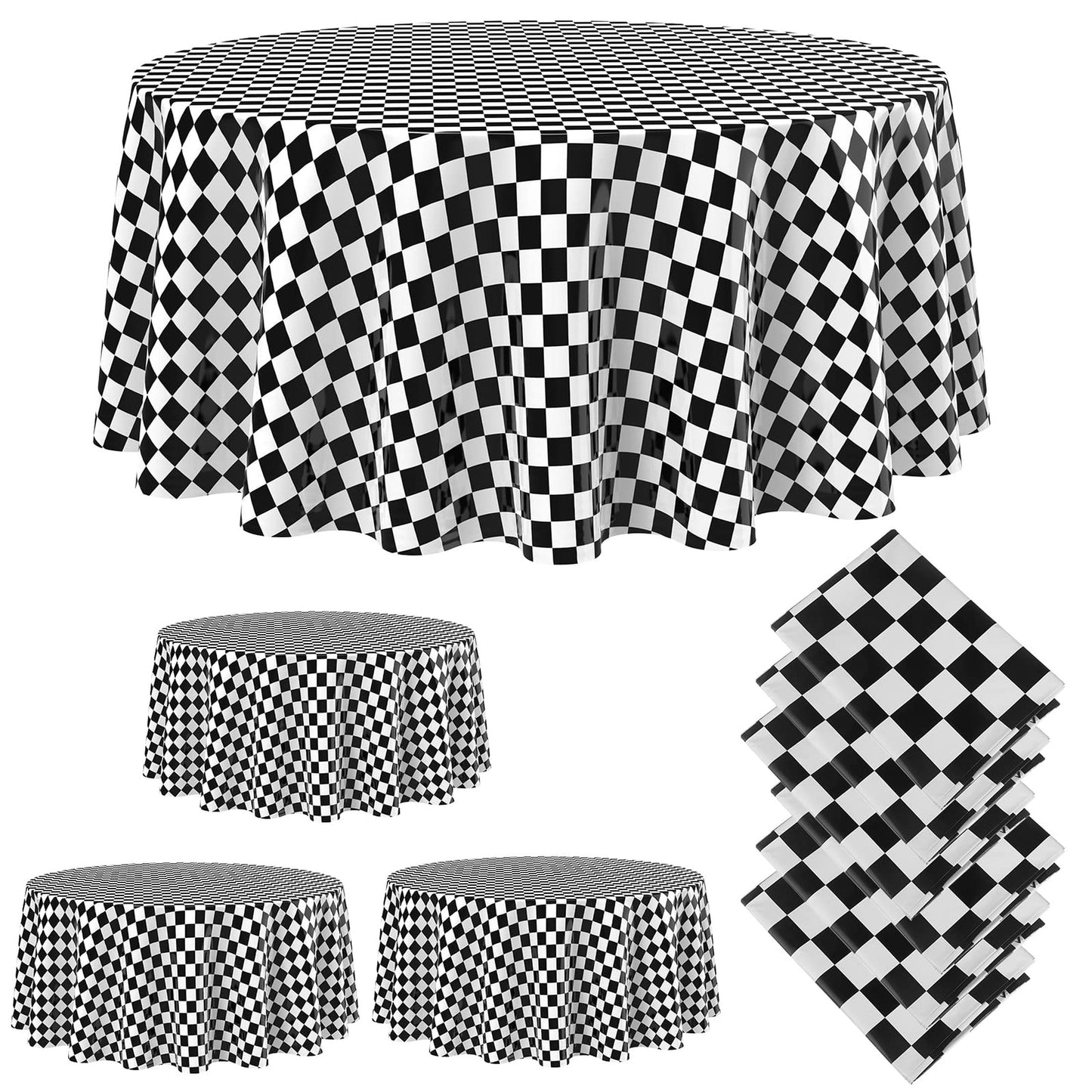Checkered Picnic Party Tablecloths - Set of 3 Black & White Gingham Table Covers for Truck, Car Birthday Parties. 84 Inches Disposable Plastic Flag Design.