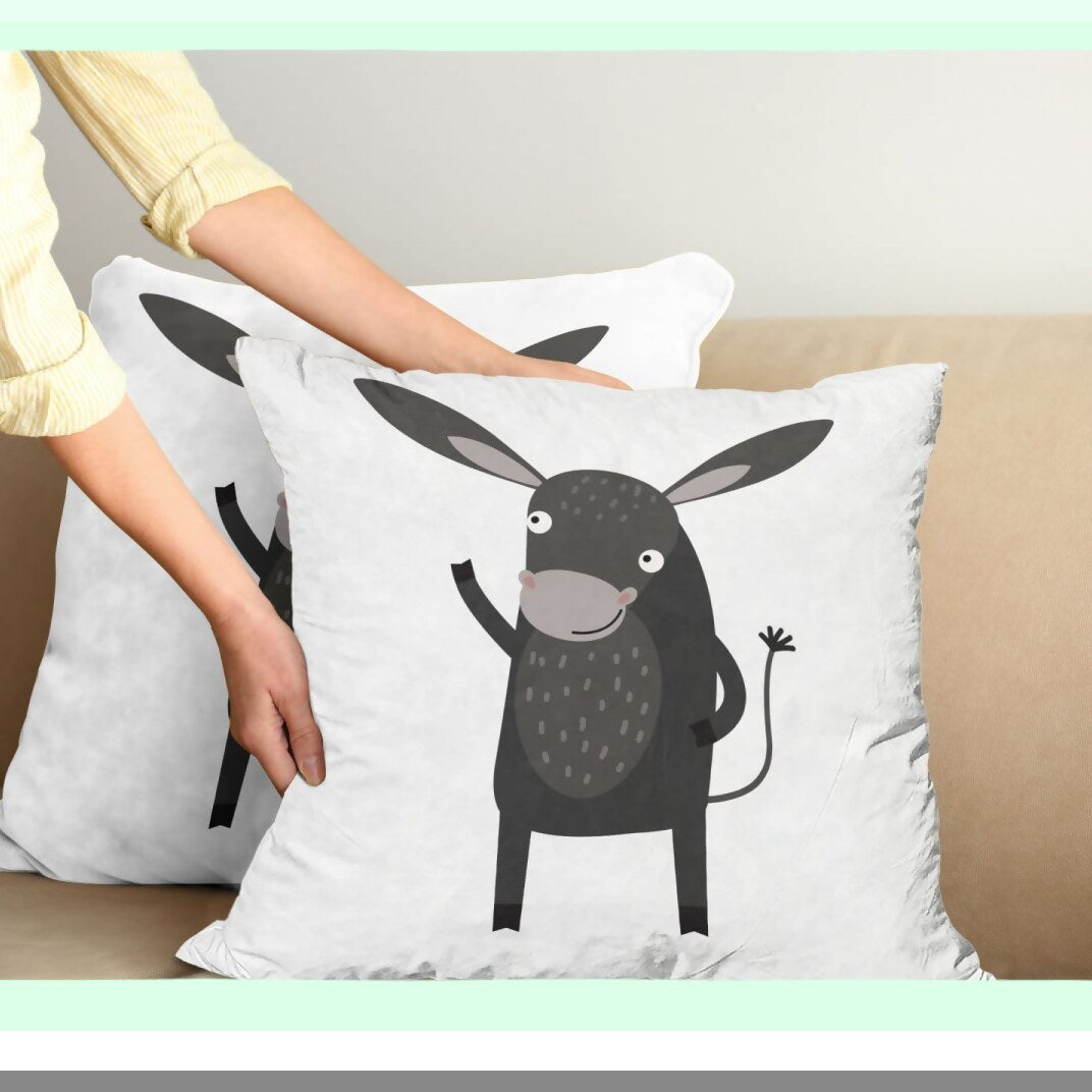 Happy Donkey Comic Cushion Cover Set - Pack of 2, Double-Sided Zippered Throw Pillow with Funny Smile Cartoon Mule Design, 18" Charcoal Grey Decor Case