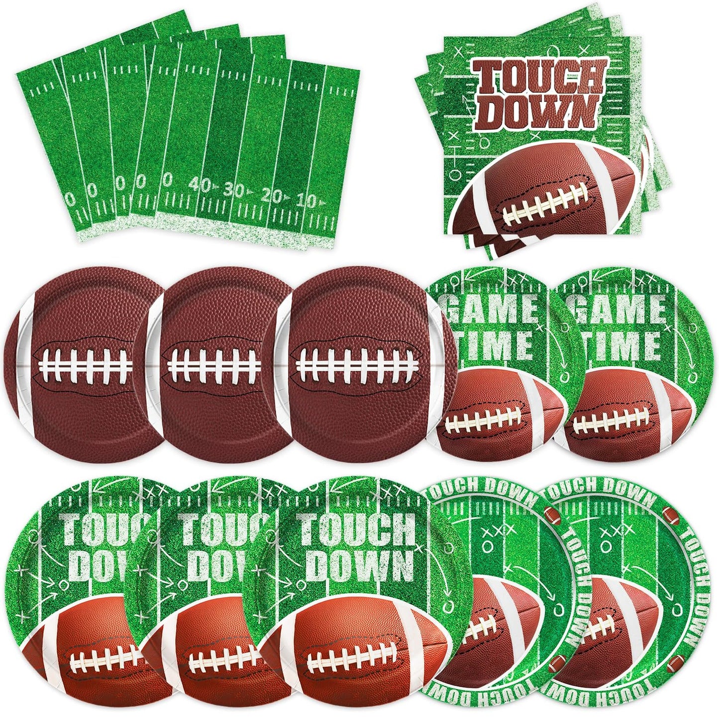 Football Fiesta Party Pack - Complete set of 144 football-themed dinner plates, dessert plates, and napkins for a fun and festive football birthday or gameday tailgate party. Serve up to 48 guests with this all-in-one party decorations kit!