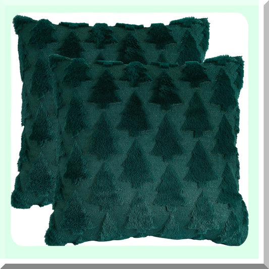 Green Tree Plush Pillowcase Set - 18x18 Inch Holiday Cushion Covers - Soft Square Throw Pillow Cases - Dark Green Decorative Pillow Cover Set