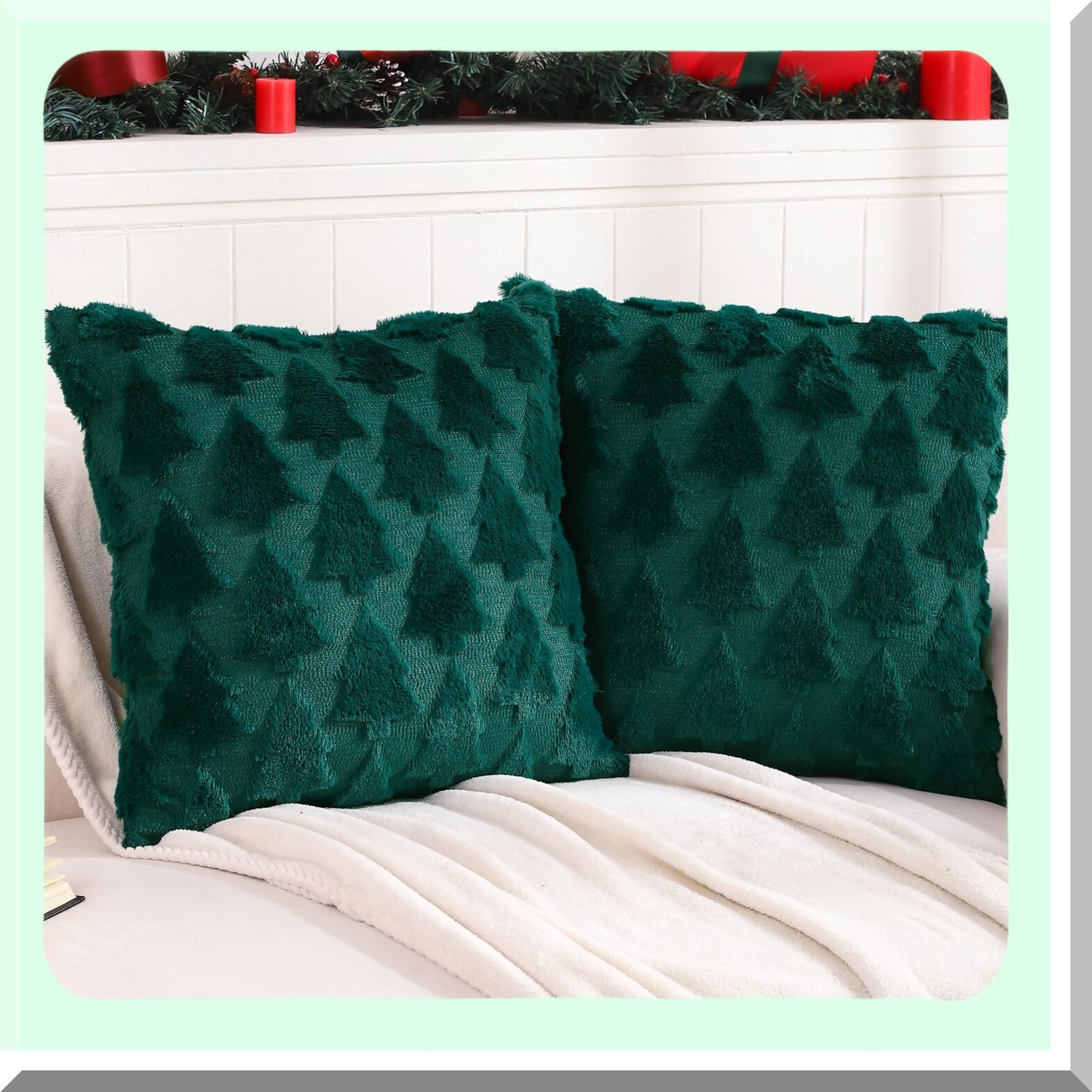 Green Tree Plush Pillowcase Set - 18x18 Inch Holiday Cushion Covers - Soft Square Throw Pillow Cases - Dark Green Decorative Pillow Cover Set
