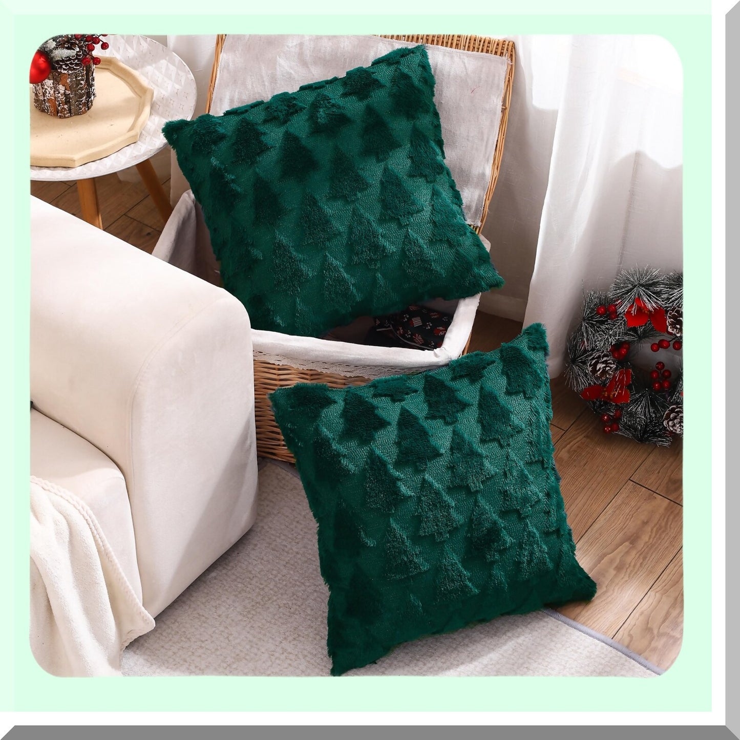 Green Tree Plush Pillowcase Set - 18x18 Inch Holiday Cushion Covers - Soft Square Throw Pillow Cases - Dark Green Decorative Pillow Cover Set