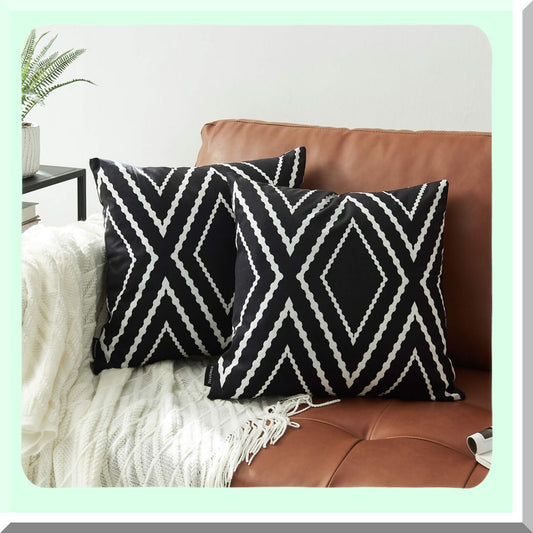 Boho Black Pillow Covers Set - 18x18 Inch Square Decorative Throw Pillow Covers for Sofa, Couch, Bed - Polyester Blend - Set of 2