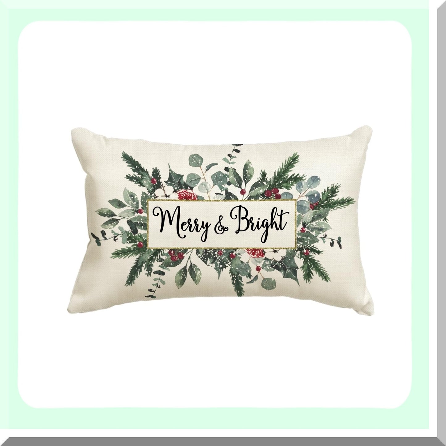 Winter Wonderland Eucalyptus Mistletoe Pillow Cover - Festive Holiday Decor for Sofa Couch - 12x20 Inch Cushion Case - Merry & Bright