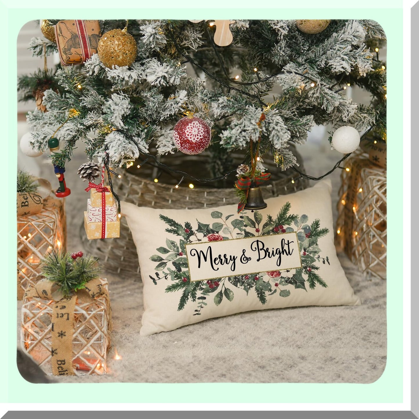 Winter Wonderland Eucalyptus Mistletoe Pillow Cover - Festive Holiday Decor for Sofa Couch - 12x20 Inch Cushion Case - Merry & Bright