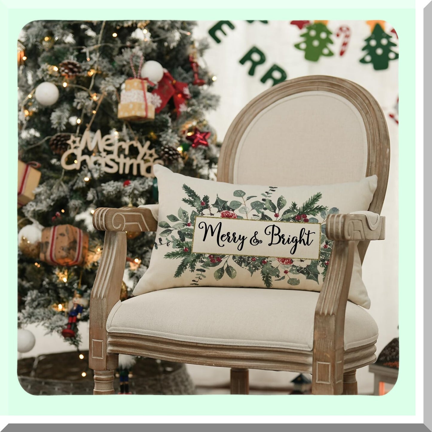 Winter Wonderland Eucalyptus Mistletoe Pillow Cover - Festive Holiday Decor for Sofa Couch - 12x20 Inch Cushion Case - Merry & Bright