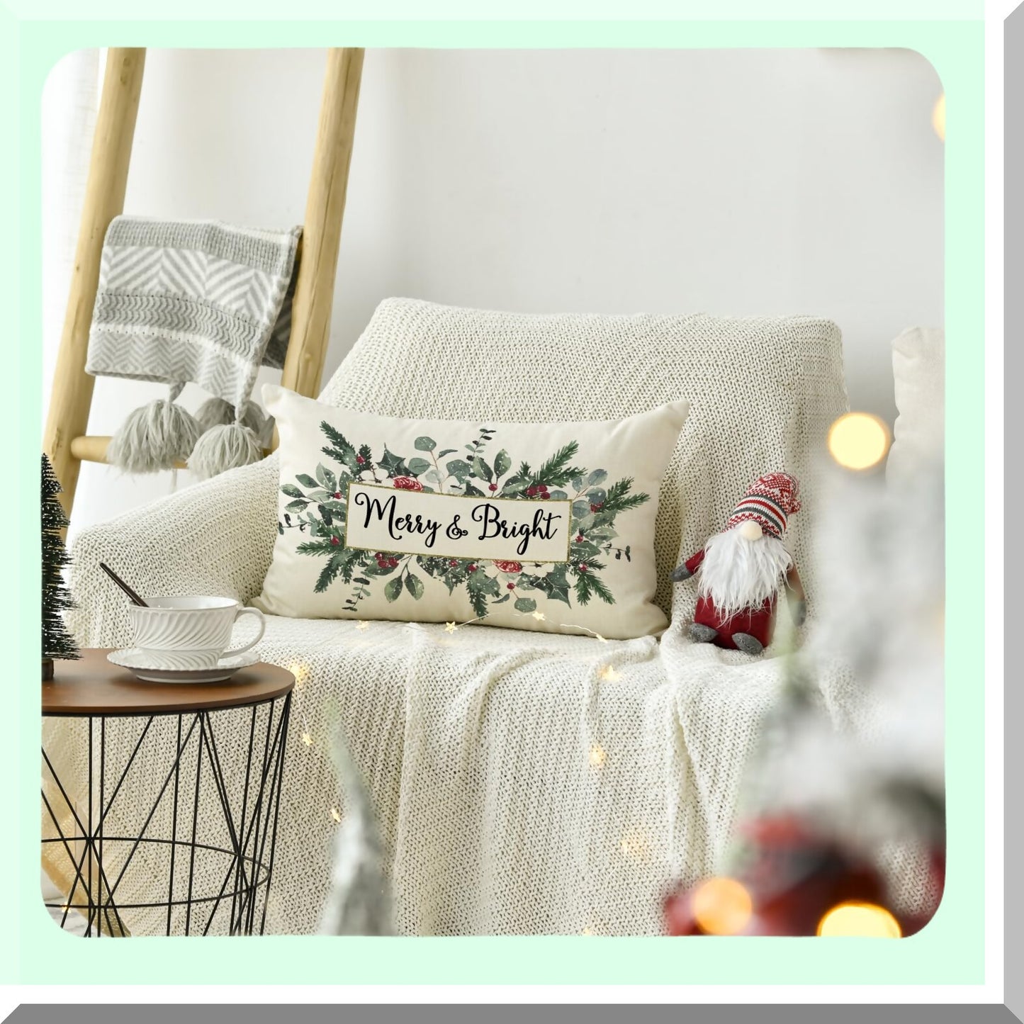 Winter Wonderland Eucalyptus Mistletoe Pillow Cover - Festive Holiday Decor for Sofa Couch - 12x20 Inch Cushion Case - Merry & Bright