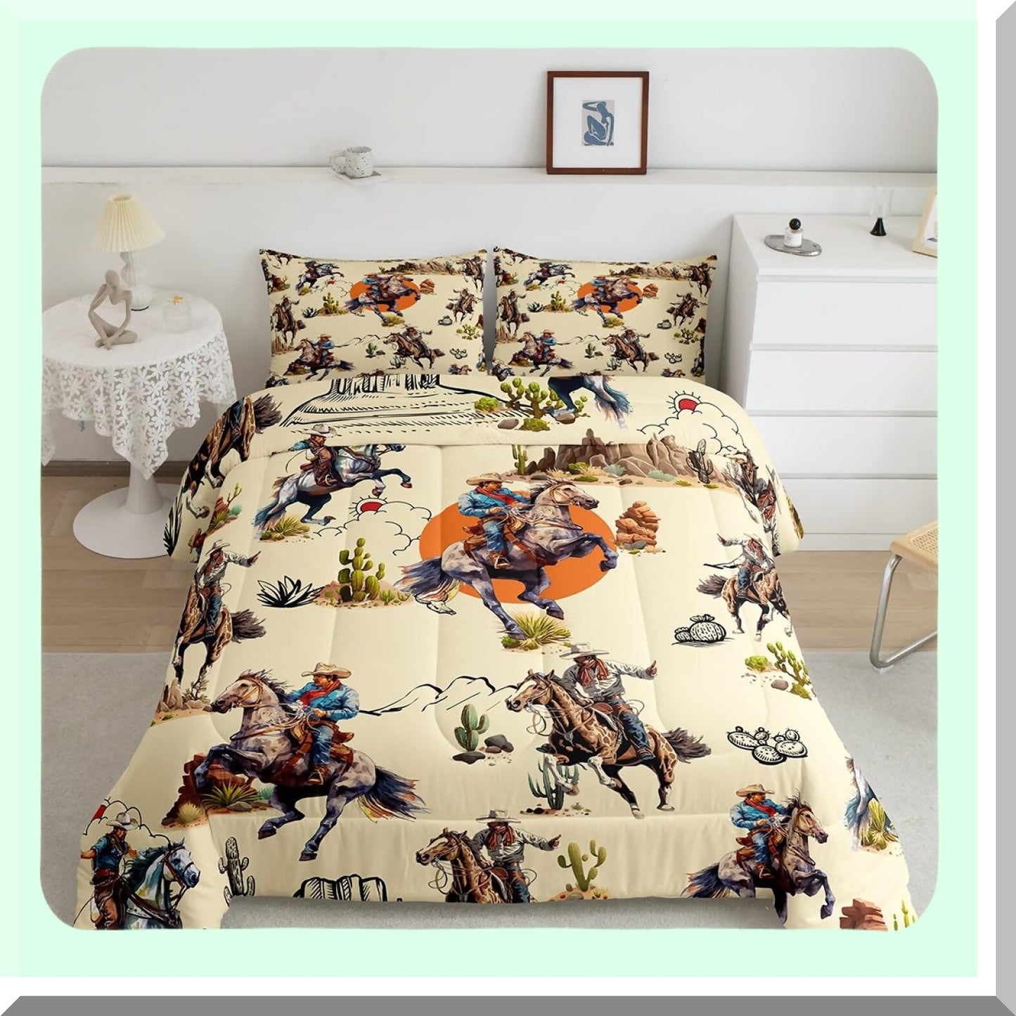 Retro Western Cowboys Cactus Comforter Set - Twin Size Bedding with Hand Drawn Mountain Sun Design - Farmhouse Style Bedroom Decor Kit with Pillow Case