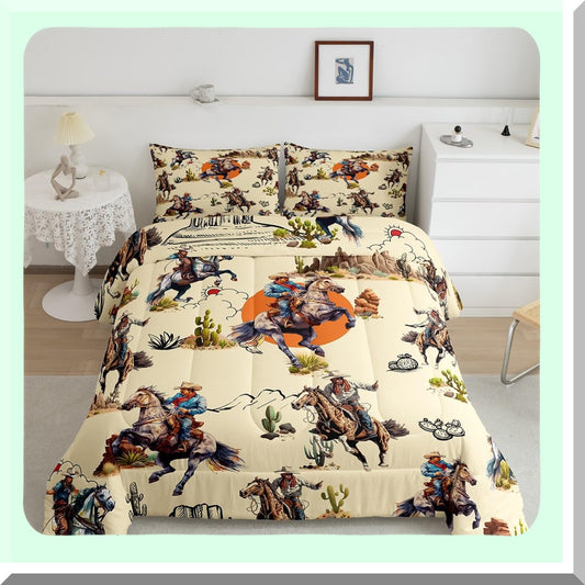 Retro Western Cowboys Cactus Comforter Set - Twin Size Bedding with Hand Drawn Mountain Sun Design - Farmhouse Style Bedroom Decor Kit with Pillow Case