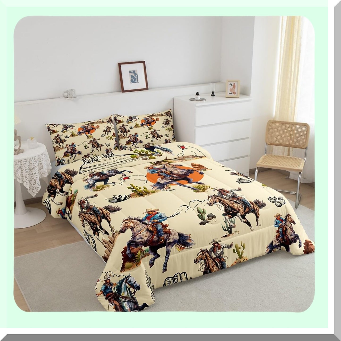 Retro Western Cowboys Cactus Comforter Set - Twin Size Bedding with Hand Drawn Mountain Sun Design - Farmhouse Style Bedroom Decor Kit with Pillow Case