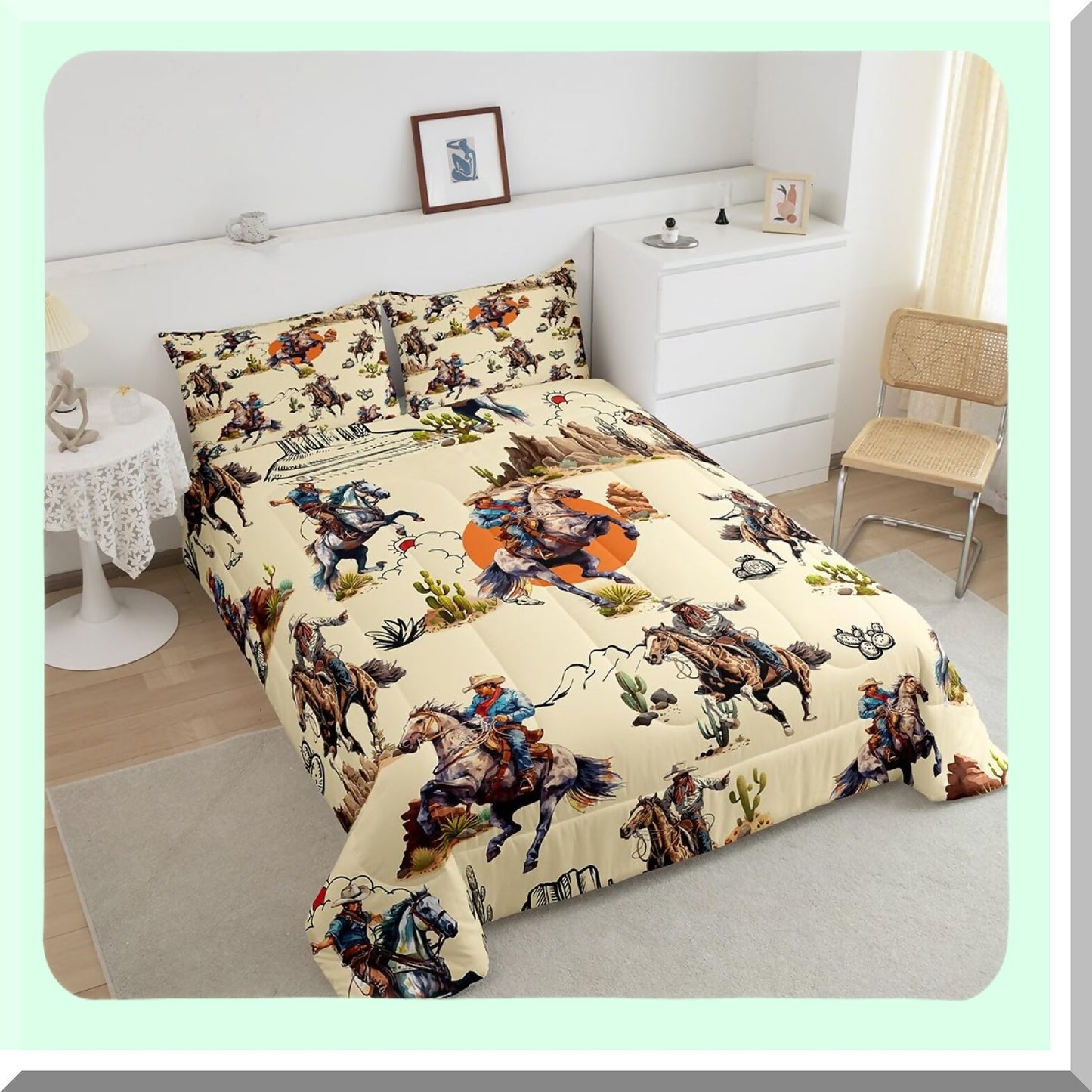 Retro Western Cowboys Cactus Comforter Set - Twin Size Bedding with Hand Drawn Mountain Sun Design - Farmhouse Style Bedroom Decor Kit with Pillow Case