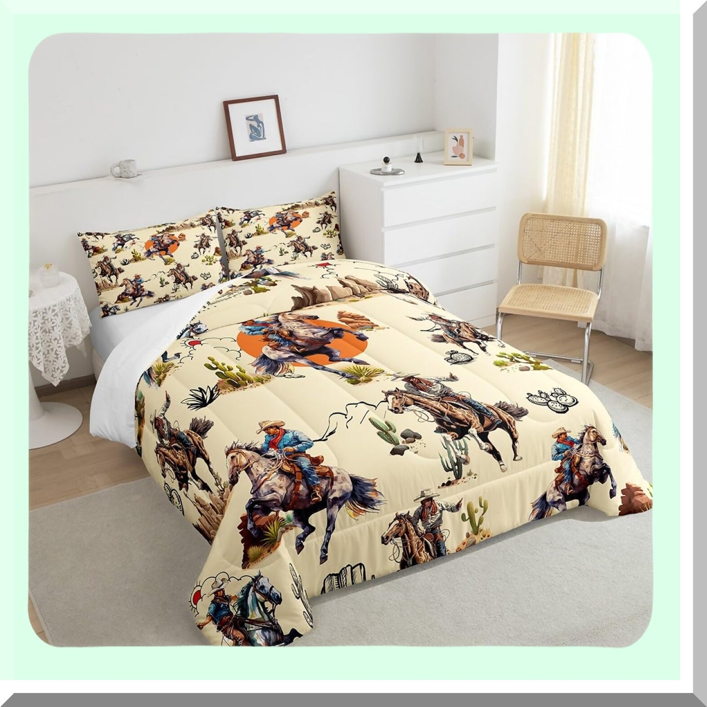 Retro Western Cowboys Cactus Comforter Set - Twin Size Bedding with Hand Drawn Mountain Sun Design - Farmhouse Style Bedroom Decor Kit with Pillow Case