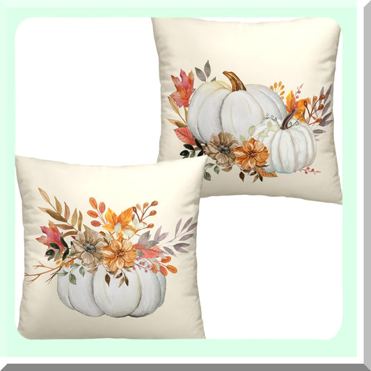 Autumn Harvest Pillowcase Set - Fall Pumpkin Flower Throw Pillow Covers 18x18 - Thanksgiving Farmhouse Decorative Pillows for Couch Sofa - Set of 2