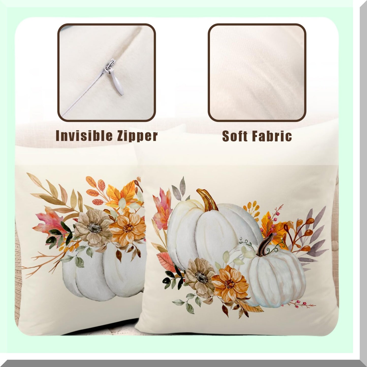 Autumn Harvest Pillowcase Set - Fall Pumpkin Flower Throw Pillow Covers 18x18 - Thanksgiving Farmhouse Decorative Pillows for Couch Sofa - Set of 2