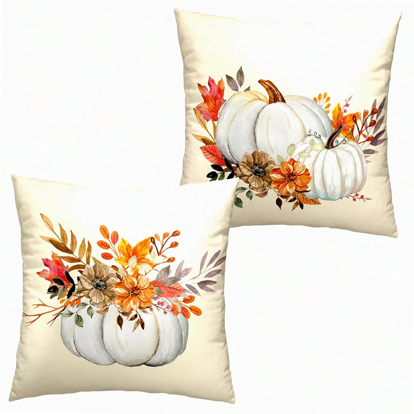 Autumn Harvest Pillowcase Set - Fall Pumpkin Flower Throw Pillow Covers 18x18 - Thanksgiving Farmhouse Decorative Pillows for Couch Sofa - Set of 2
