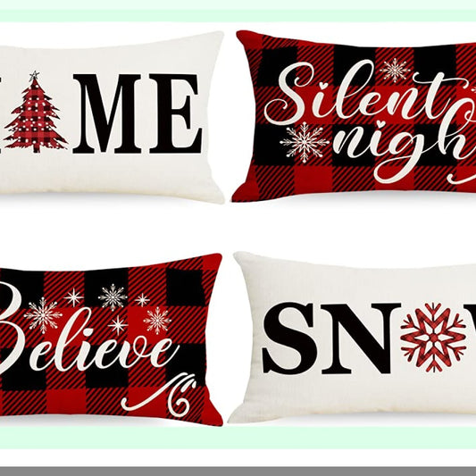 Winter Wonderland Farmhouse Pillow Cover Set - 12x20 Decorative Throw Pillow Shams for Couch Sofa, Believe Silent Night Xmas Theme, Outdoor Snow Home Slipcovers - Set of 4