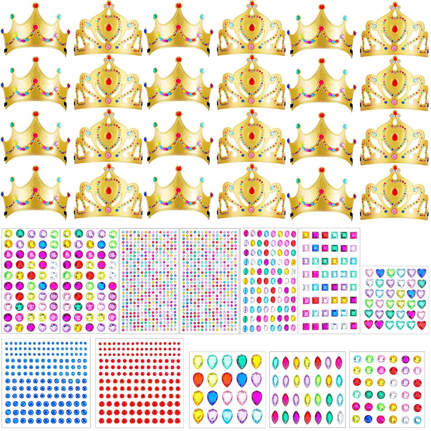 Diamond Crown DIY Kit - 24 Foam Crowns for Kids to Decorate with Colorful Stickers. Perfect for Princess Birthday Parties and Kids' Craft Activities.