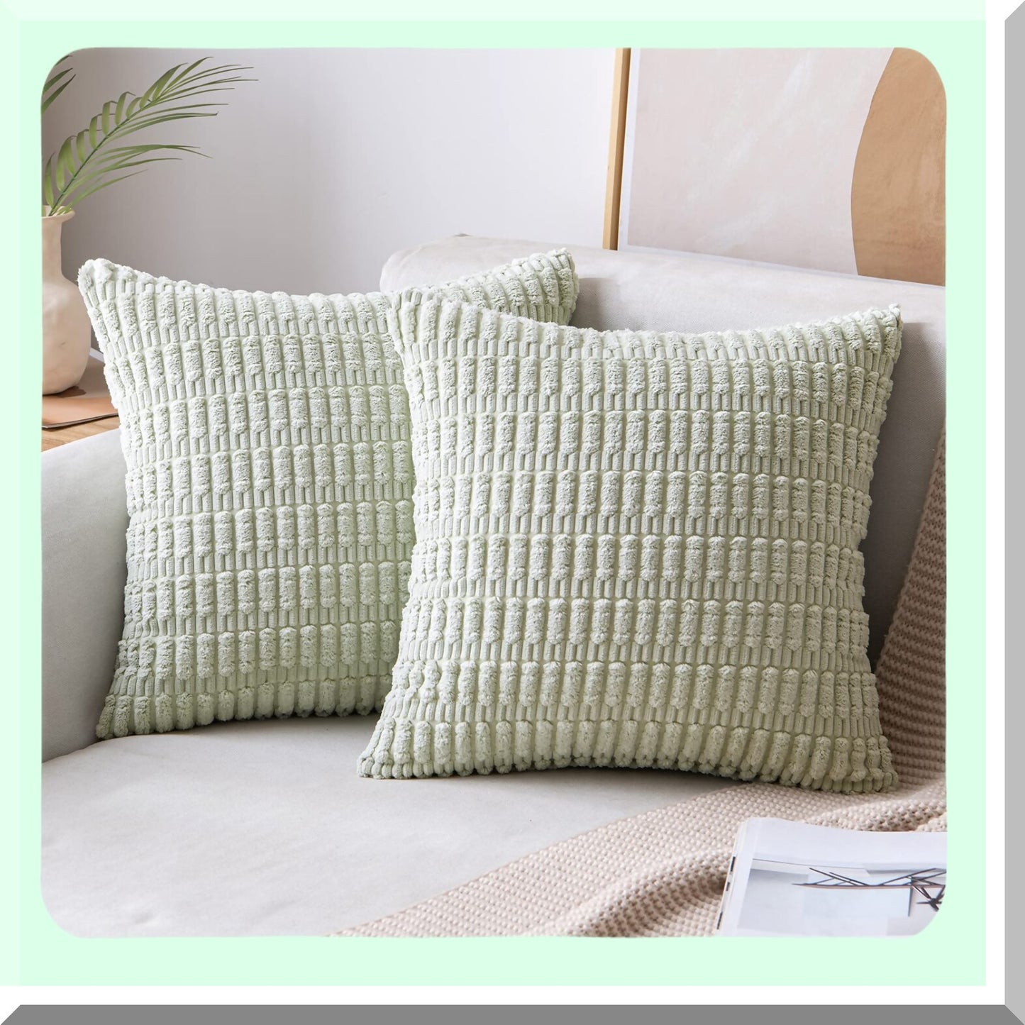 Soft Boho Striped Corduroy Pillow Covers - Set of 2 | Modern Farmhouse Decorative Throw Pillow Cases 26x26 Inch for Spring Home Sofa Couch Bed - Light Green