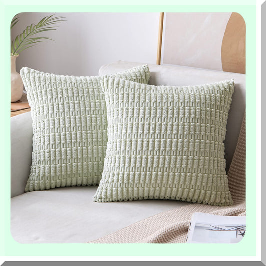 Soft Boho Striped Corduroy Pillow Covers - Set of 2 | Modern Farmhouse Decorative Throw Pillow Cases 26x26 Inch for Spring Home Sofa Couch Bed - Light Green