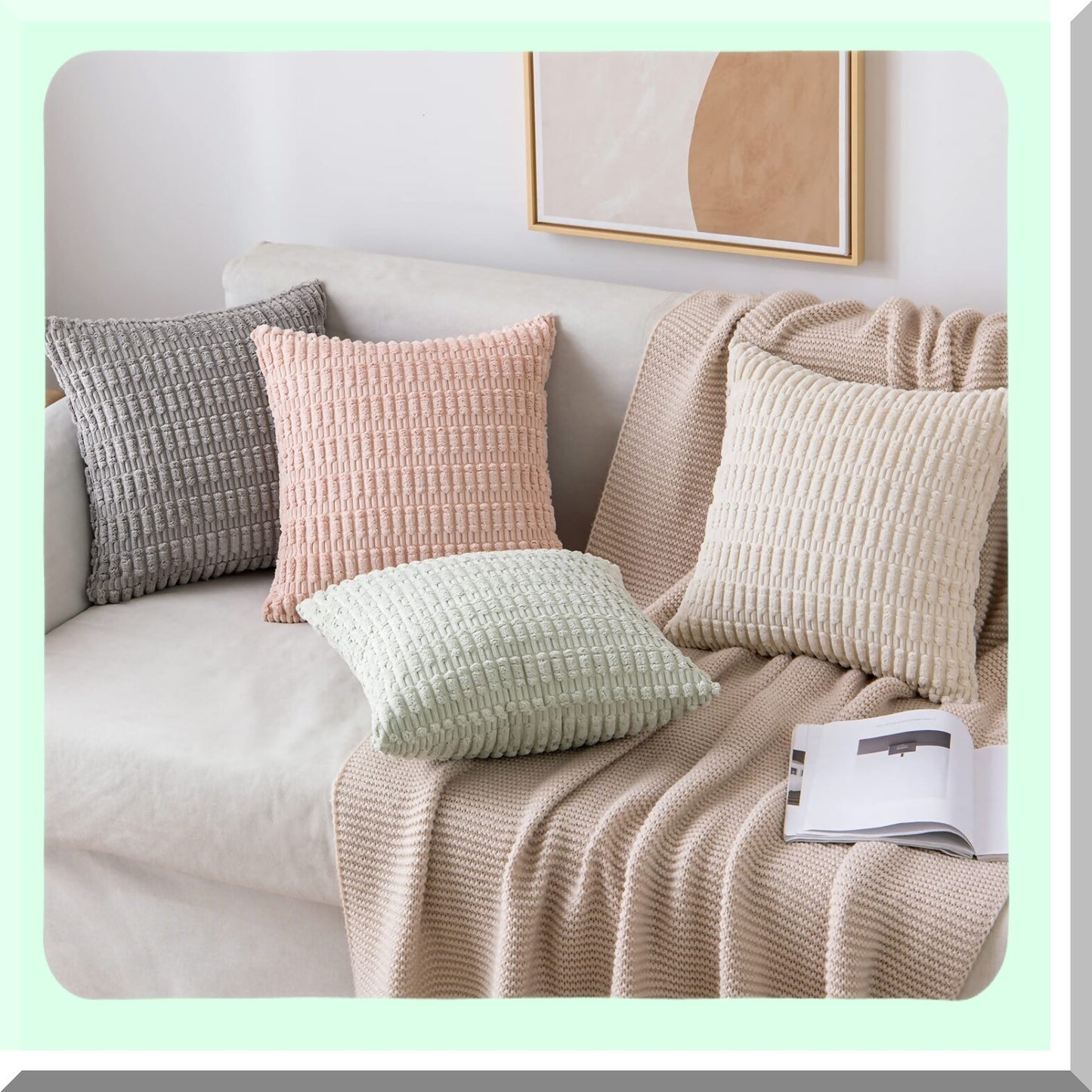 Soft Boho Striped Corduroy Pillow Covers - Set of 2 | Modern Farmhouse Decorative Throw Pillow Cases 26x26 Inch for Spring Home Sofa Couch Bed - Light Green