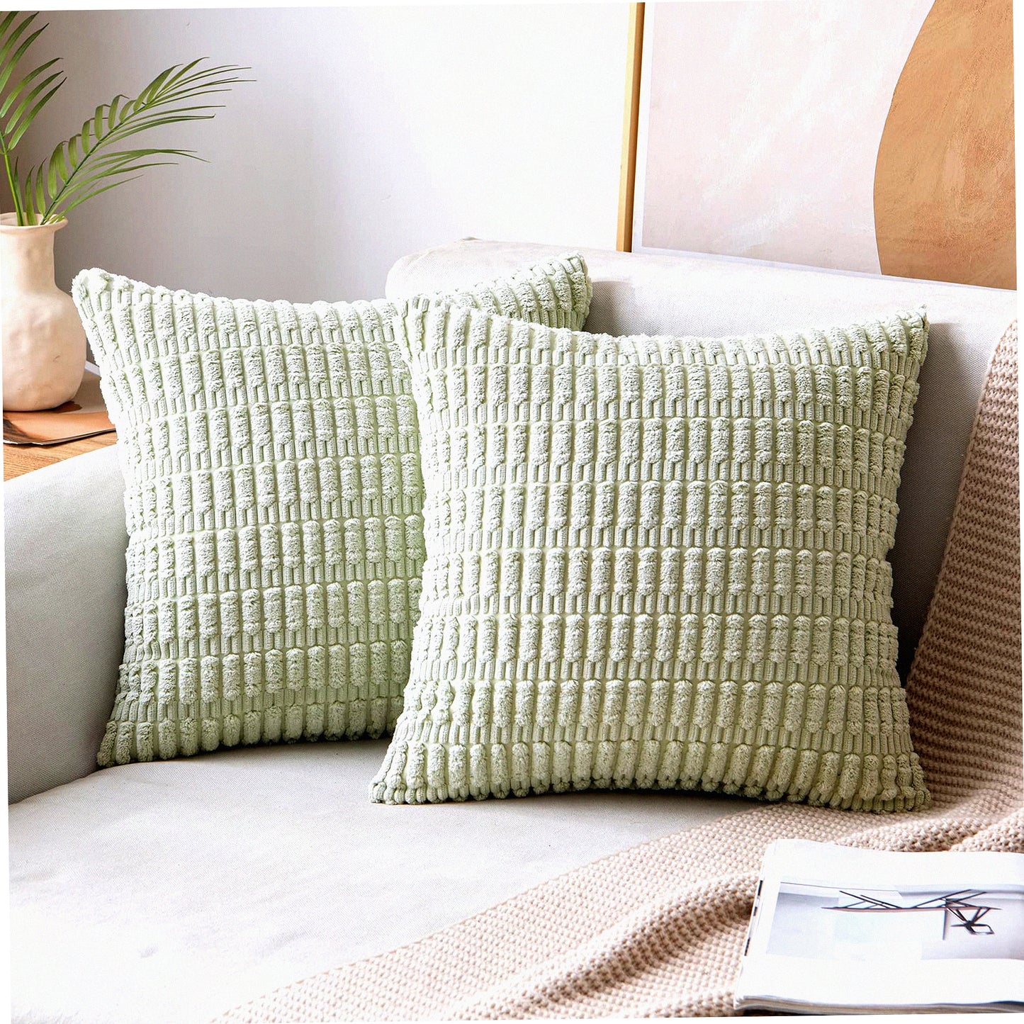 Soft Boho Striped Corduroy Pillow Covers - Set of 2 | Modern Farmhouse Decorative Throw Pillow Cases 26x26 Inch for Spring Home Sofa Couch Bed - Light Green