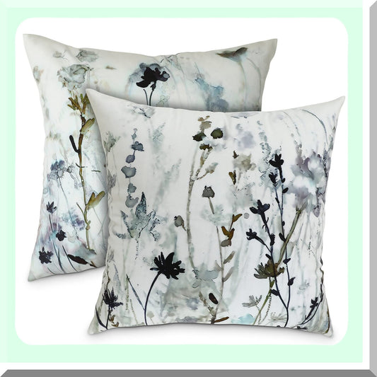 Ink Art Watercolor Flower Branch Pillow Covers - Set of 2 Vintage Soft Square Cushion Cases for Home Sofa Living Room Bedroom Outdoor Decor