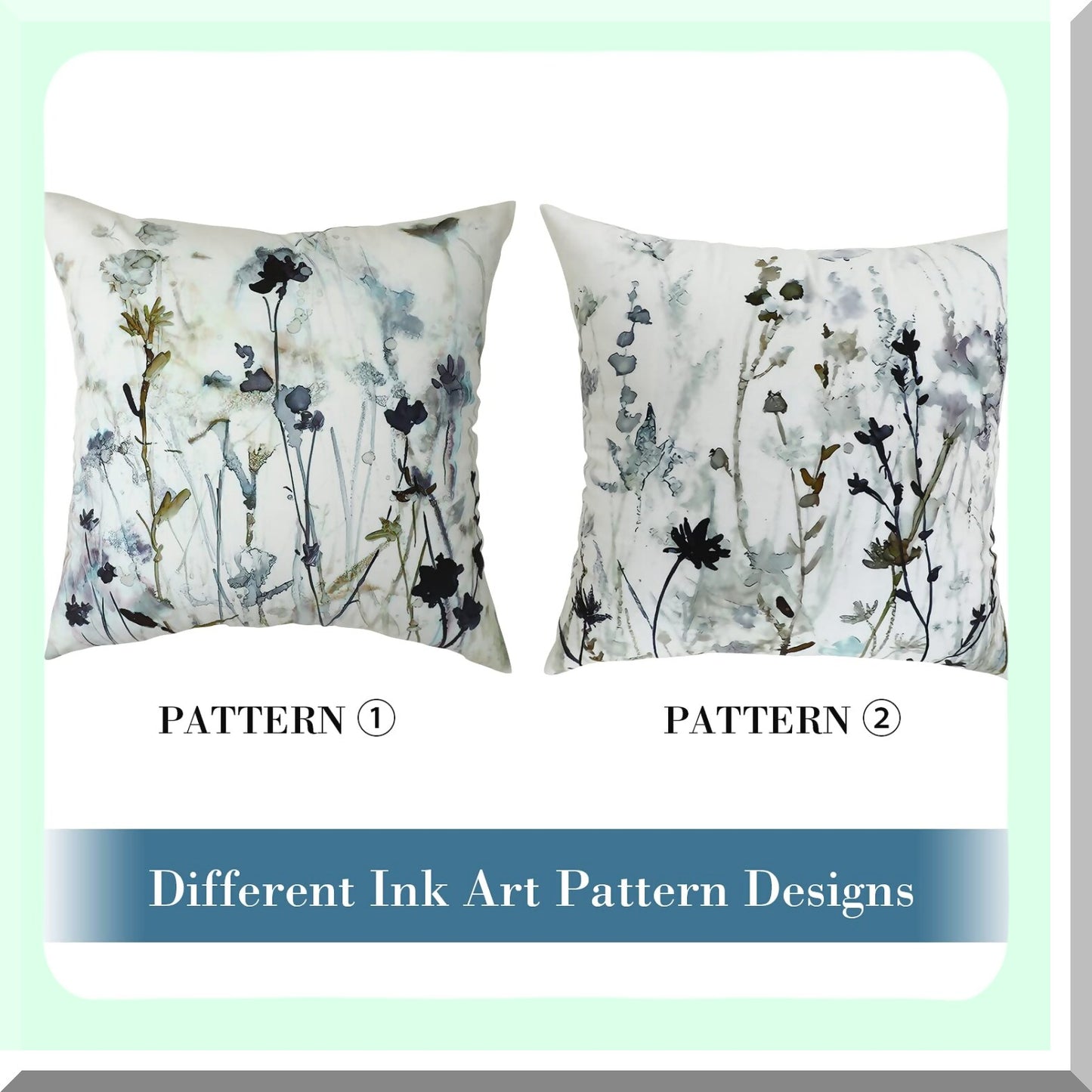 Ink Art Watercolor Flower Branch Pillow Covers - Set of 2 Vintage Soft Square Cushion Cases for Home Sofa Living Room Bedroom Outdoor Decor