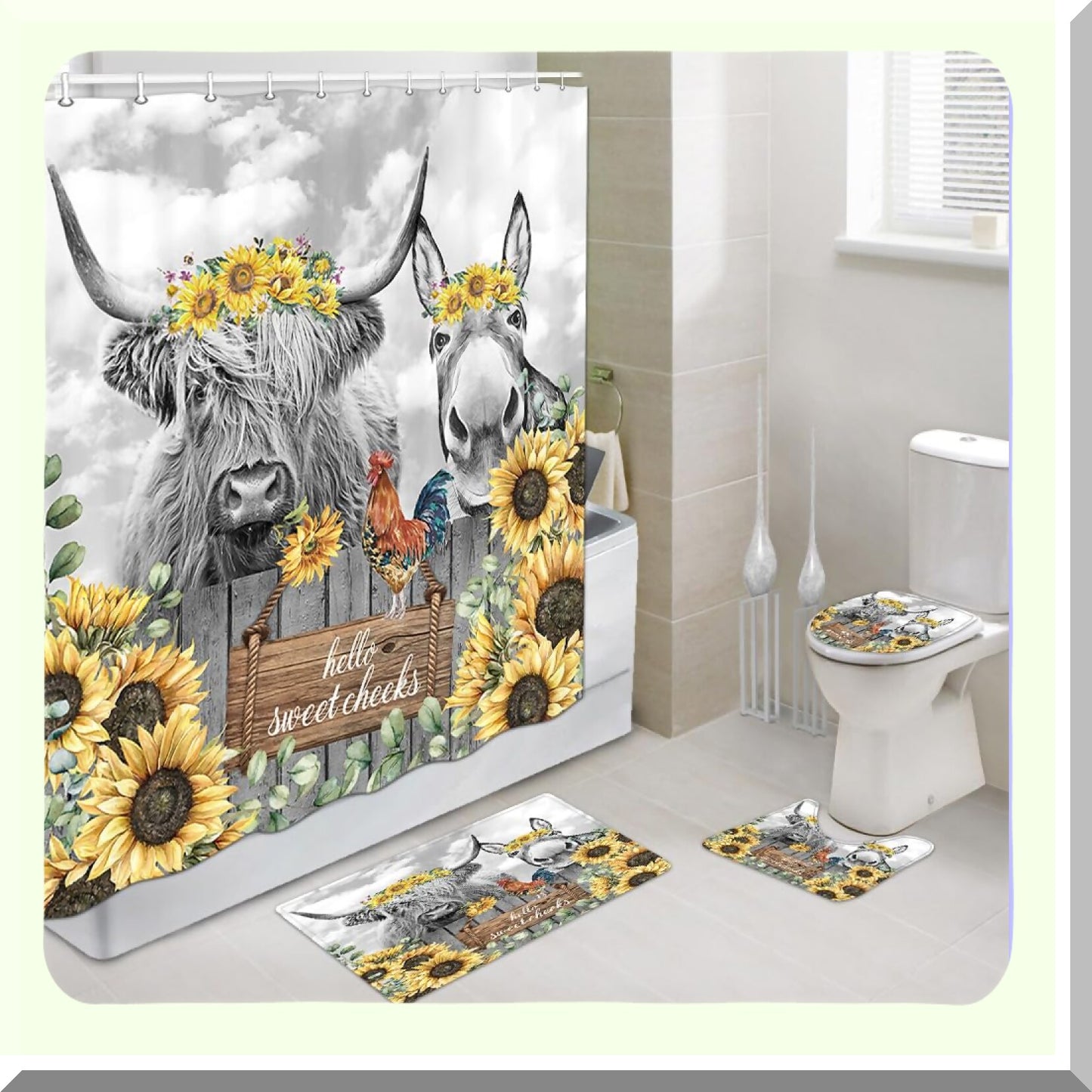 Highland Cow Donkey Shower Curtain Set with Rugs