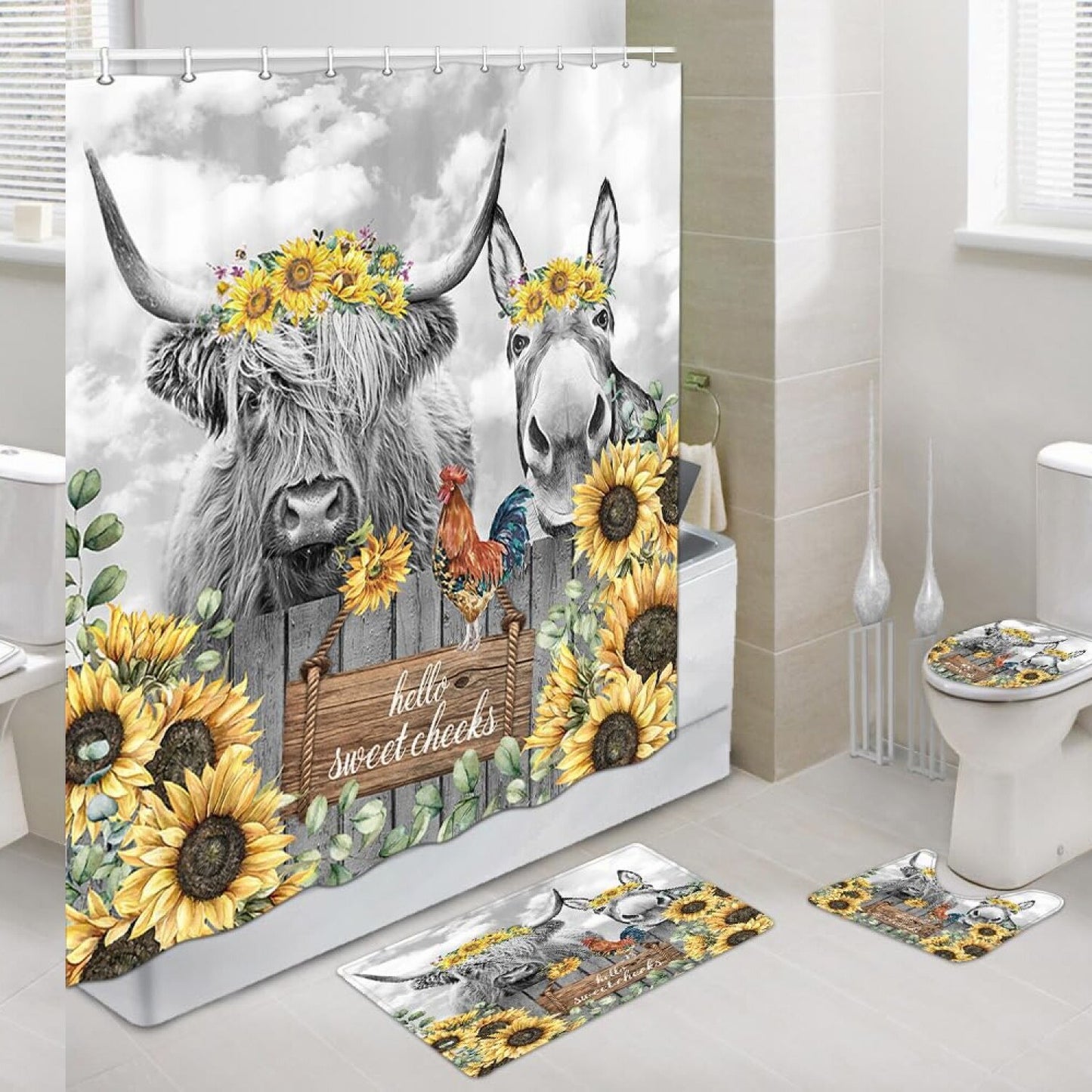 Highland Cow Donkey Shower Curtain Set with Rugs
