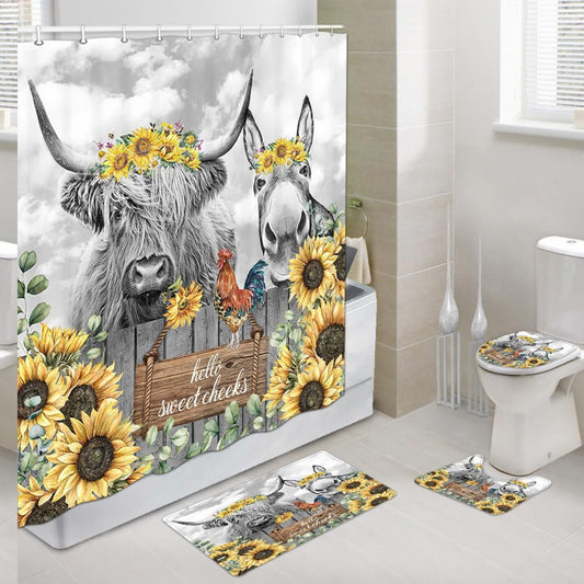 Highland Cow Donkey Shower Curtain Set with Rugs