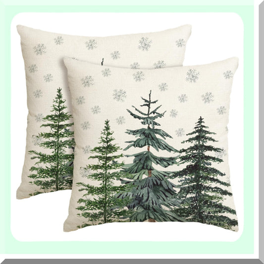 Winter Wonderland Tree Pillow Covers - Set of 2 Snowflake Cushion Cases for Sofa, 18x18 Inch Holiday Decoration, Couch Accessories